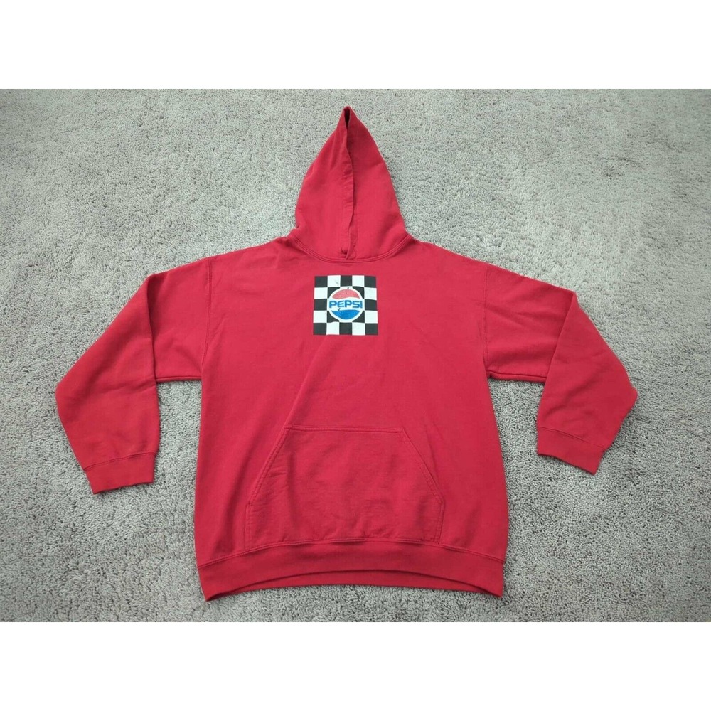 Pepsi Hoodie Mens‎ Medium Red Pullover Sweatshirt Checkered Board Logo Fleece